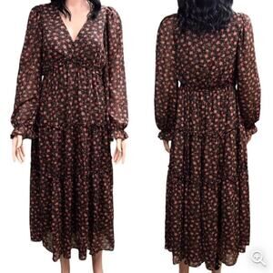 August Sky Womens Sheer Puff Sleeves Floral Tiered V Neck Maxi Dress Size M